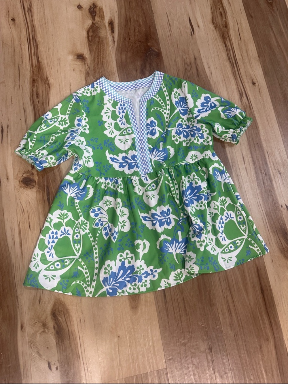 SHEIN Green Floral Peasant Top with Blue and White Accents